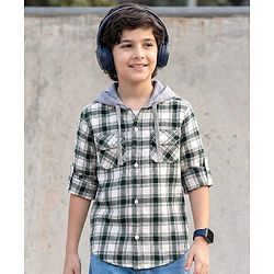 Pine Kids Cotton Woven Full Sleeves Brushed Hooded Shirt With Checks - Green