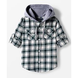 Pine Kids Cotton Woven Full Sleeves Brushed Hooded Shirt With Checks - Green