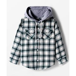 Pine Kids Cotton Woven Full Sleeves Brushed Hooded Shirt With Checks - Green