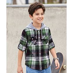 Pine Kids Cotton Woven Full Sleeves Brushed Hooded Shirt With Checks - Green