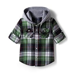 Pine Kids Cotton Woven Full Sleeves Brushed Hooded Shirt With Checks - Green