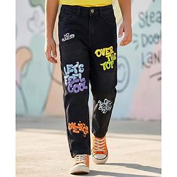 Pine Kids Denim Full Length Washed Jeans With Text Print - Black