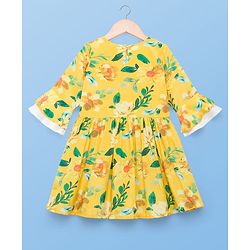Pine Kids Woven Three Fourth Sleeves Kurti Gharara & Dupatta Set with Floral Print - Yellow