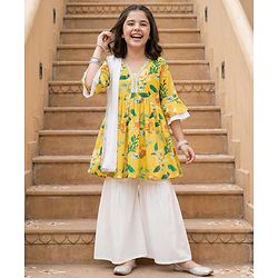 Pine Kids Woven Three Fourth Sleeves Kurti Gharara & Dupatta Set with Floral Print - Yellow