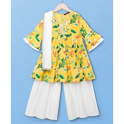 Pine Kids Woven Three Fourth Sleeves Kurti Gharara & Dupatta Set with Floral Print - Yellow