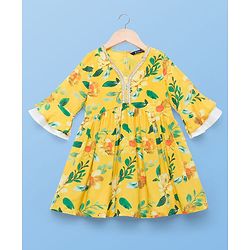 Pine Kids Woven Three Fourth Sleeves Kurti Gharara & Dupatta Set with Floral Print - Yellow