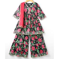 Pine Kids Woven Three Fourth Sleeves Kurta Gharara & Dupatta Set With Floral Print - Black