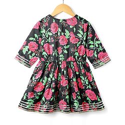 Pine Kids Woven Three Fourth Sleeves Kurta Gharara & Dupatta Set With Floral Print - Black