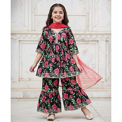 Pine Kids Woven Three Fourth Sleeves Kurta Gharara & Dupatta Set With Floral Print - Black