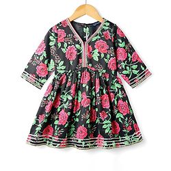 Pine Kids Woven Three Fourth Sleeves Kurta Gharara & Dupatta Set With Floral Print - Black