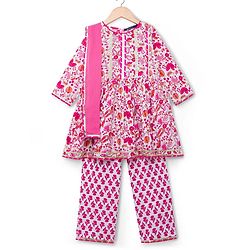 Pine Kids Cotton Woven Three Fourth Sleeves Kurta Salwar & Dupatta Set with Floral Print - Pink