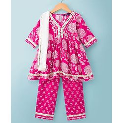Pine Kids Cotton Woven Three Fourth Sleeves Kurta Salwar & Dupatta Set With Floral Print - Pink