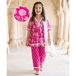 Pine Kids Cotton Woven Three Fourth Sleeves Kurta Salwar & Dupatta Set With Floral Print - Pink