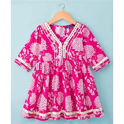 Pine Kids Cotton Woven Three Fourth Sleeves Kurta Salwar & Dupatta Set With Floral Print - Pink