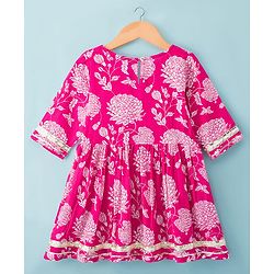 Pine Kids Cotton Woven Three Fourth Sleeves Kurta Salwar & Dupatta Set With Floral Print - Pink