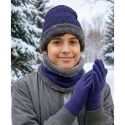 Pine Kids Knit Woollen Cap Cloves & Muffler Set Navy Blue - Diameter 18 cm