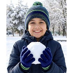 Pine Kids Knit Woolen Cap & Cloves Set Navy Blue - Diameter 18 cm