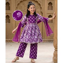 Pine Kids Cotton Woven Three Fourth Sleeves Kurta Salwar & Dupatta Set With Floral Print - Purple