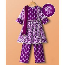 Pine Kids Cotton Woven Three Fourth Sleeves Kurta Salwar & Dupatta Set With Floral Print - Purple