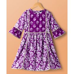 Pine Kids Cotton Woven Three Fourth Sleeves Kurta Salwar & Dupatta Set With Floral Print - Purple
