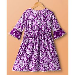 Pine Kids Cotton Woven Three Fourth Sleeves Kurta Salwar & Dupatta Set With Floral Print - Purple