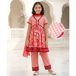 Pine Kids Cotton Woven Half Sleeves Kurta Churidar & Dupata Set With Floral Print - Coral