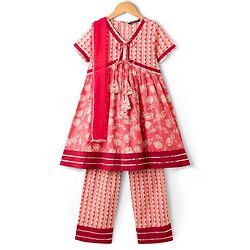 Pine Kids Cotton Woven Half Sleeves Kurta Churidar & Dupata Set With Floral Print - Coral