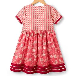 Pine Kids Cotton Woven Half Sleeves Kurta Churidar & Dupata Set With Floral Print - Coral