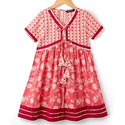 Pine Kids Cotton Woven Half Sleeves Kurta Churidar & Dupata Set With Floral Print - Coral