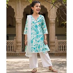 Pine Kids Cotton Woven Three Fourth Sleeves Kurta Churidar & Dupatta Set With Floral Print - Light Blue