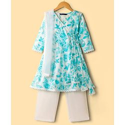 Pine Kids Cotton Woven Three Fourth Sleeves Kurta Churidar & Dupatta Set With Floral Print - Light Blue
