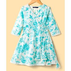 Pine Kids Cotton Woven Three Fourth Sleeves Kurta Churidar & Dupatta Set With Floral Print - Light Blue