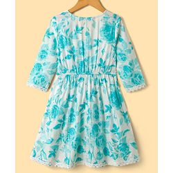 Pine Kids Cotton Woven Three Fourth Sleeves Kurta Churidar & Dupatta Set With Floral Print - Light Blue