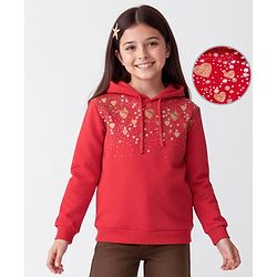 Pine Kids Cotton Knit Full Sleeves Hooded Sweatshirt With Embellishment - Red