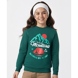 Pine Kids Cotton Knit Full Sleeves Sweatshirt With Mountains Text Print - Dark Green