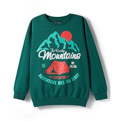 Pine Kids Cotton Knit Full Sleeves Sweatshirt With Mountains Text Print - Dark Green