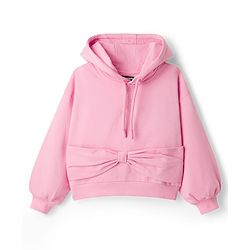 Pine Kids Knit Full Sleeves Hooded Sweatshirt With Bow Applique - Pink