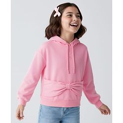 Pine Kids Knit Full Sleeves Hooded Sweatshirt With Bow Applique - Pink
