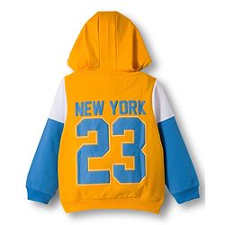 Pine Kids Knit Full Sleeves Hooded Cut & Sew Sweatshirt With 23 Text Design - Yellow & Blue