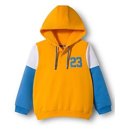 Pine Kids Knit Full Sleeves Hooded Cut & Sew Sweatshirt With 23 Text Design - Yellow & Blue