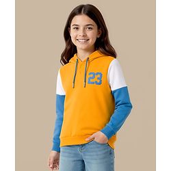Pine Kids Knit Full Sleeves Hooded Cut & Sew Sweatshirt With 23 Text Design - Yellow & Blue