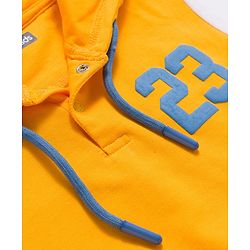 Pine Kids Knit Full Sleeves Hooded Cut & Sew Sweatshirt With 23 Text Design - Yellow & Blue