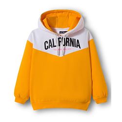Pine Kids Cotton Knit Full Sleeves Hooded Cut & Sew Sweatshirt With California Text Print - Yellow & White
