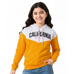 Pine Kids Cotton Knit Full Sleeves Hooded Cut & Sew Sweatshirt With California Text Print - Yellow & White
