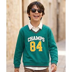 Pine Kids Cotton Knit Full Sleeves Twofer Style Sweatshirt with Text Print - Green