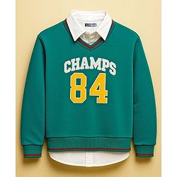 Pine Kids Cotton Knit Full Sleeves Twofer Style Sweatshirt with Text Print - Green