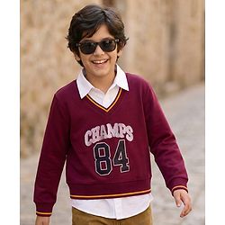 Pine Kids Cotton Knit Full Sleeves Twofer Style Sweatshirt with Text Print - Maroon