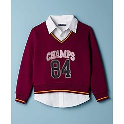 Pine Kids Cotton Knit Full Sleeves Twofer Style Sweatshirt with Text Print - Maroon