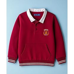 Pine Kids Cotton Knit Full Sleeves Sweatshirt With Awesome Print & Kangaroo Pockets - Dark Red