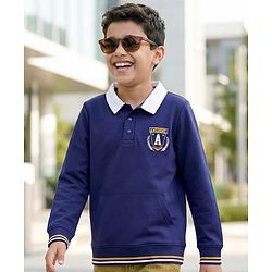 Pine Kids Cotton Knit Full Sleeves Sweatshirt with Text Print & Kangaroo Pocket - Blue